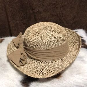 Tan Straw Ladies Hat With Tan Linen Bow Hat Band